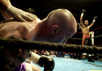Don Campbell / H-P staff
Courtney Burton, right, from Benton Harbor, celebrates his win by a knockout over Angel Manfredy, Tuesday night at the Civic Center in Hammond, IN.