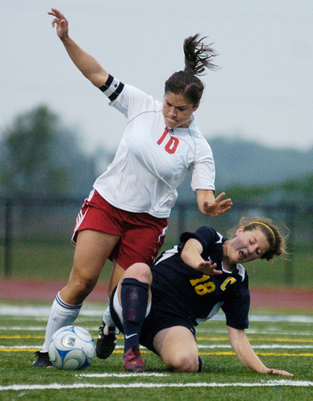Don Campbell / H-P staff
Lakeshore's Denise Charba (10) pushes past Chelsea's Anna Rode (18) during the first half of a Division 2 Regional soccer semifinal match Tuesday, June 3, 2008, at Plainwell H