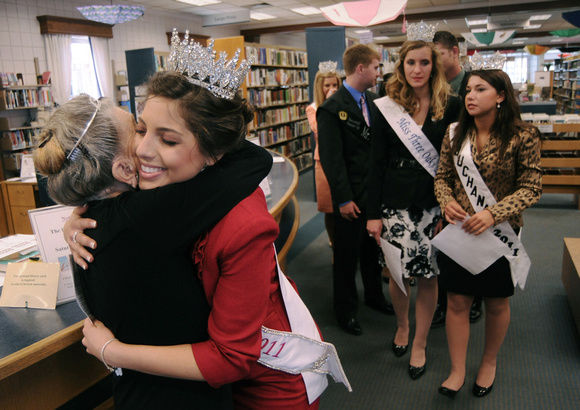 Don Campbell / H-P staff
Ninety-two-year old Jean Richards Krohn, who served as Miss Bangor in 1937, hugs Miss St. Joseph Lara Saad during a visit with Blossomtime Queens Wednesday, May 4, 2011, at th