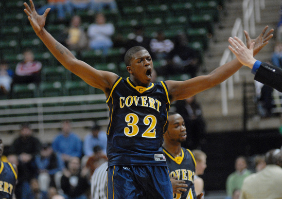 Don Campbell / H-P staff
Covert's Demonte Atkins celebrates a shot during the final minutes of a Class D Semifinal game against Muskegon WMC Thursday, March 26, 2010, at the Breslin Center in East Lan